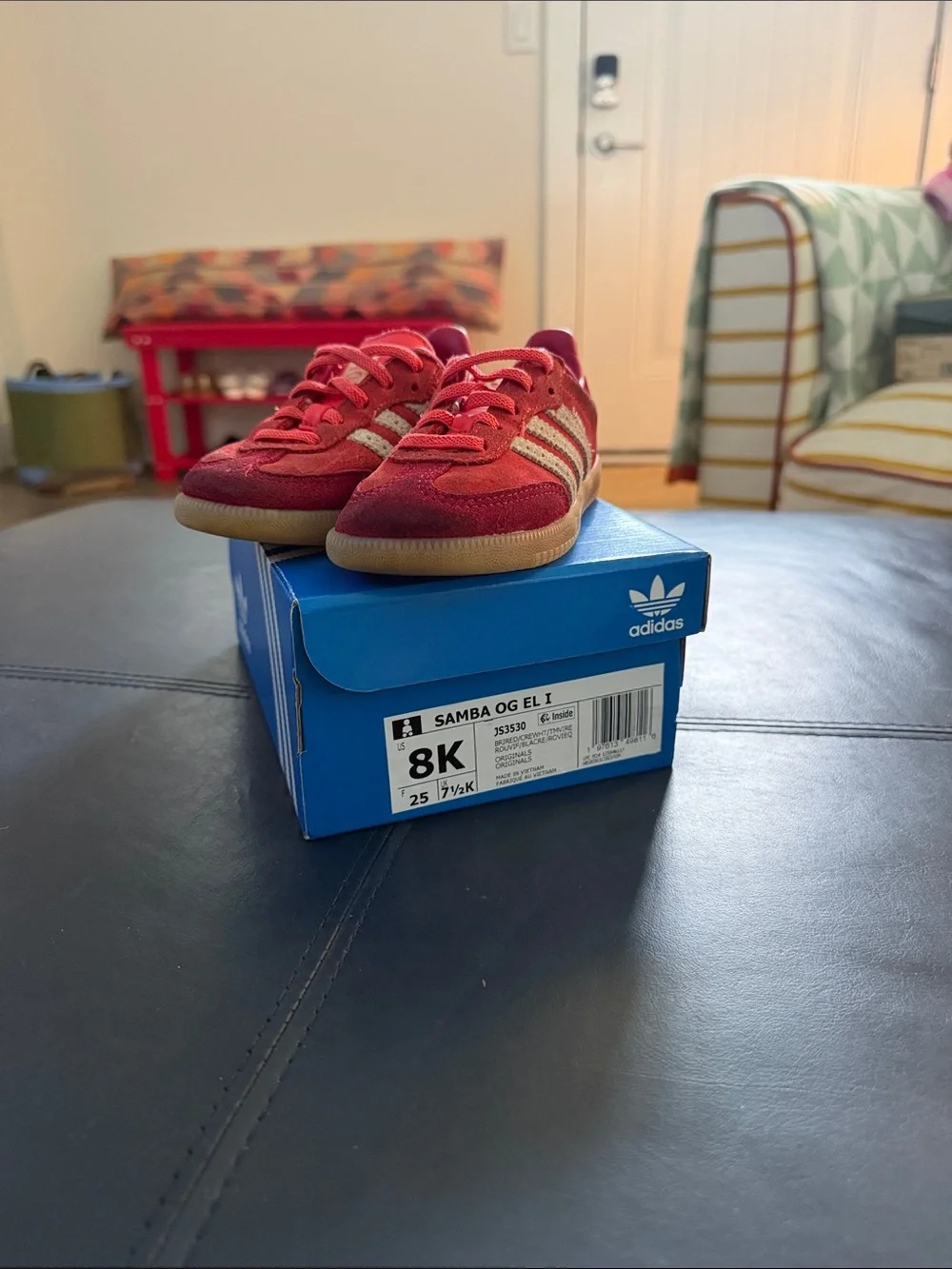 adidas Kids Red Suede Sneakers with Cream Stripes